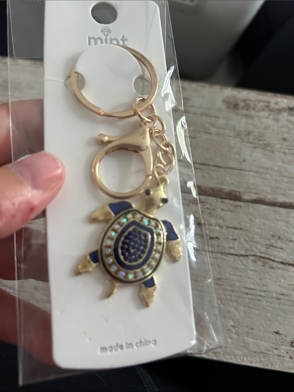 5/$25 Mint Gold Turtle Keychain with Navy and Iridescent Accents
